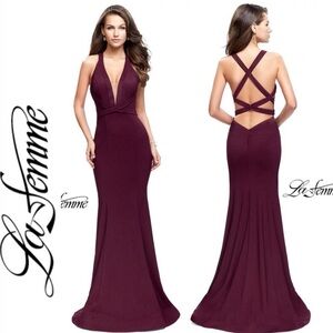NWT La Femme 25503 Burgundy Mermaid Criss Cross Gown